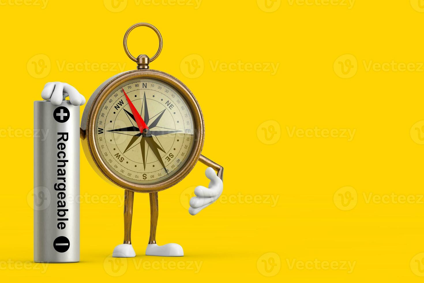 Antique Vintage Brass Compass Cartoon Person Character Mascot with Rechargeable Battery. 3d Rendering photo