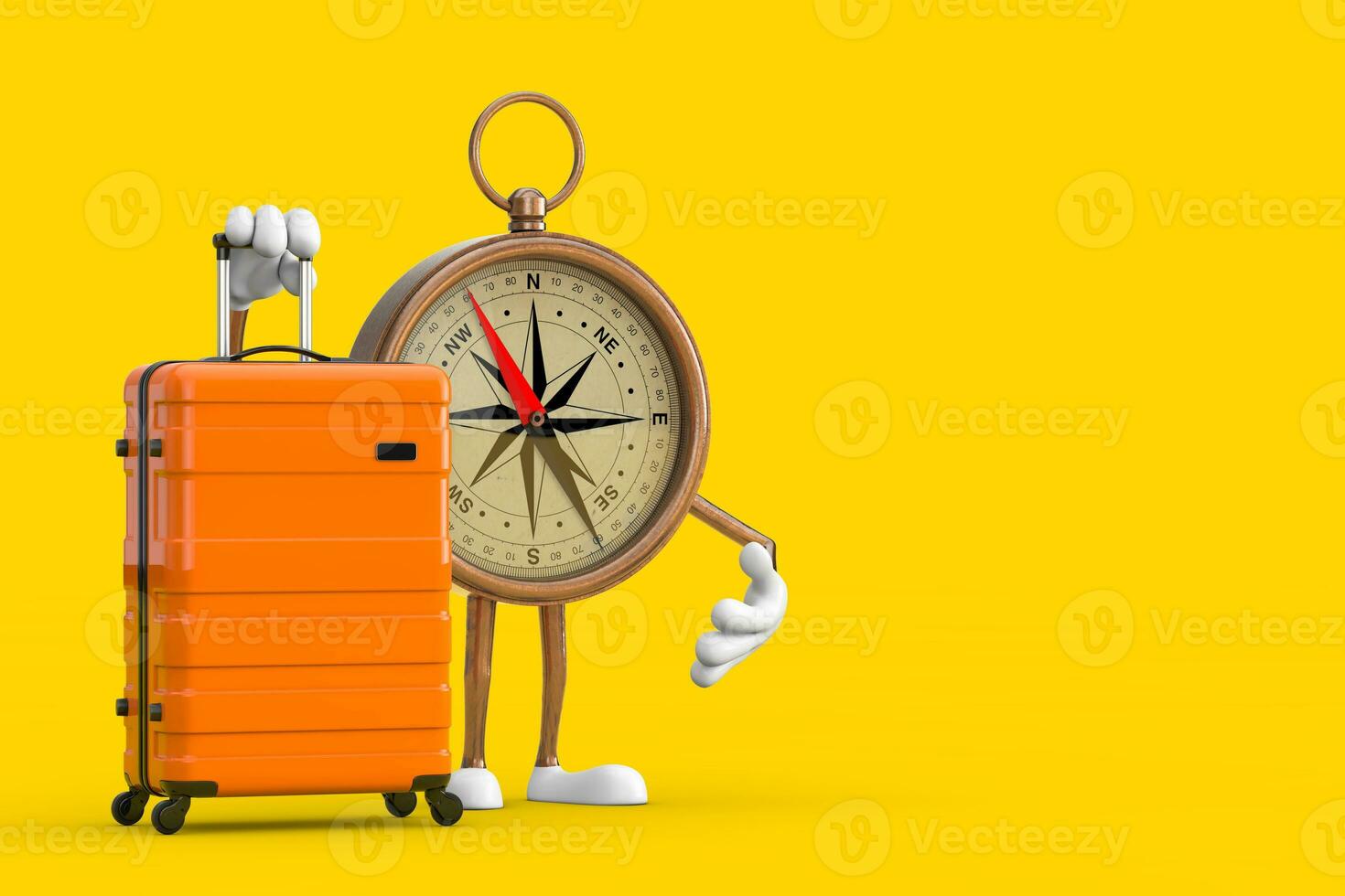 Antique Vintage Brass Compass Cartoon Person Character Mascot with Orange Travel Suitcase. 3d Rendering photo