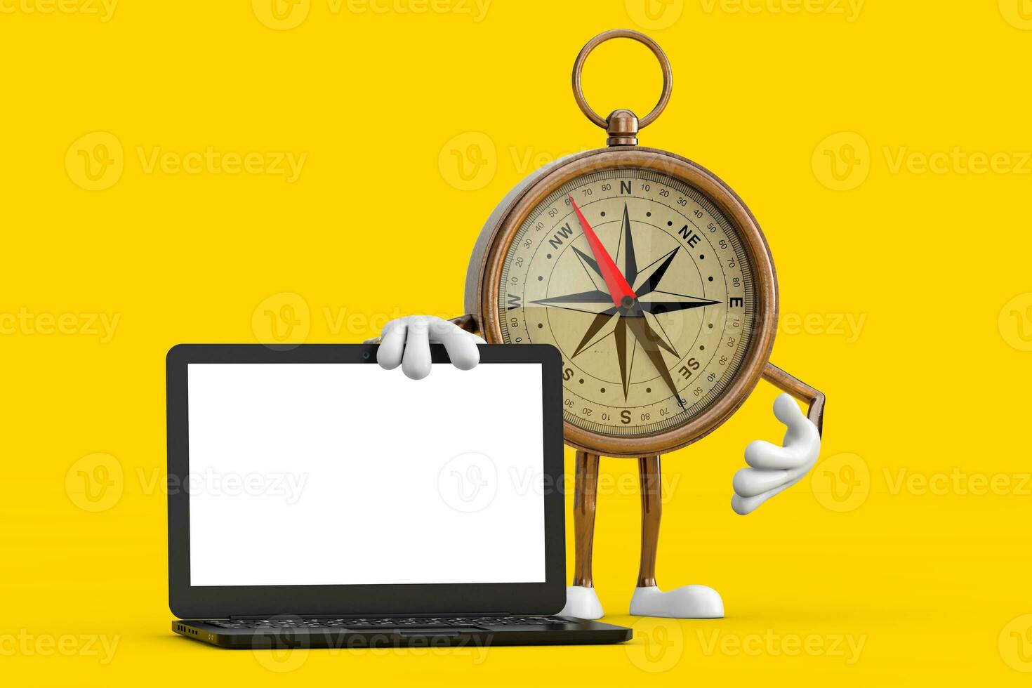 Antique Vintage Brass Compass Cartoon Person Character Mascot with Modern Laptop Computer Notebook and Blank Screen for Your Design. 3d Rendering photo