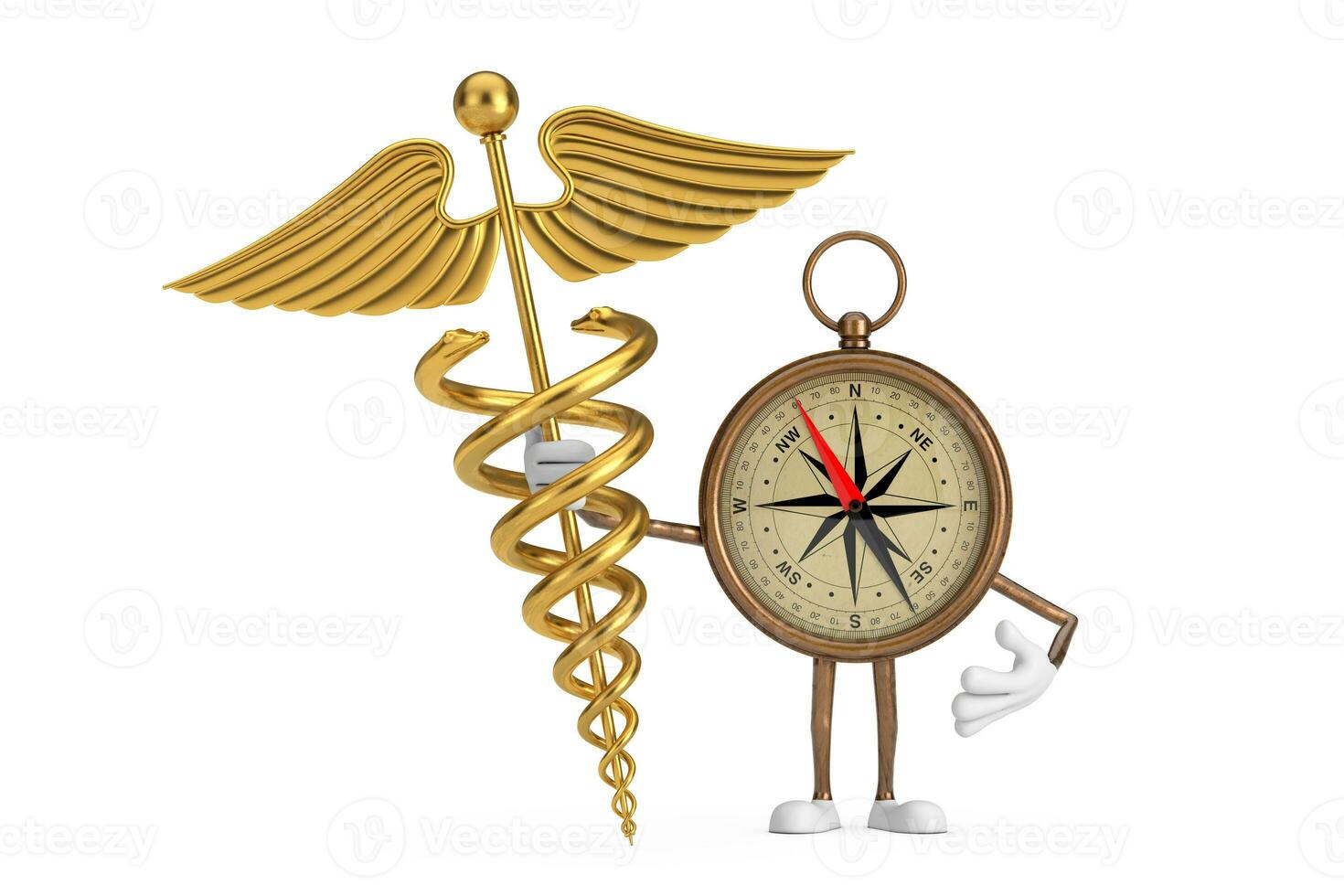 Antique Vintage Brass Compass Cartoon Person Character Mascot with Golden Medical Caduceus Symbol. 3d Rendering photo