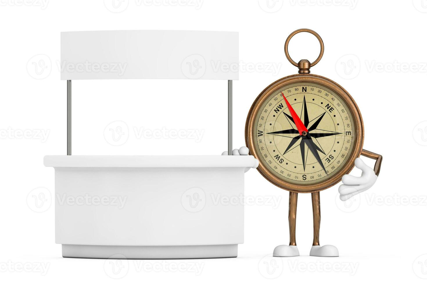 Antique Vintage Brass Compass Cartoon Person Character Mascot near Blank Promotion Stand with Free Space for Your Design. 3d Rendering photo