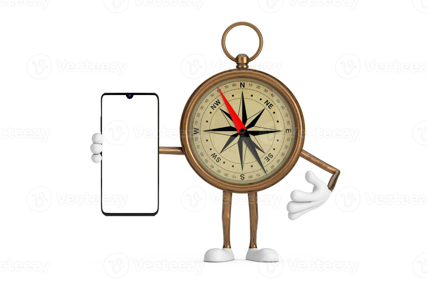 Antique Vintage Brass Compass Cartoon Person Character Mascot and Modern Mobile Phone with Blank Screen for Your Design. 3d Rendering photo