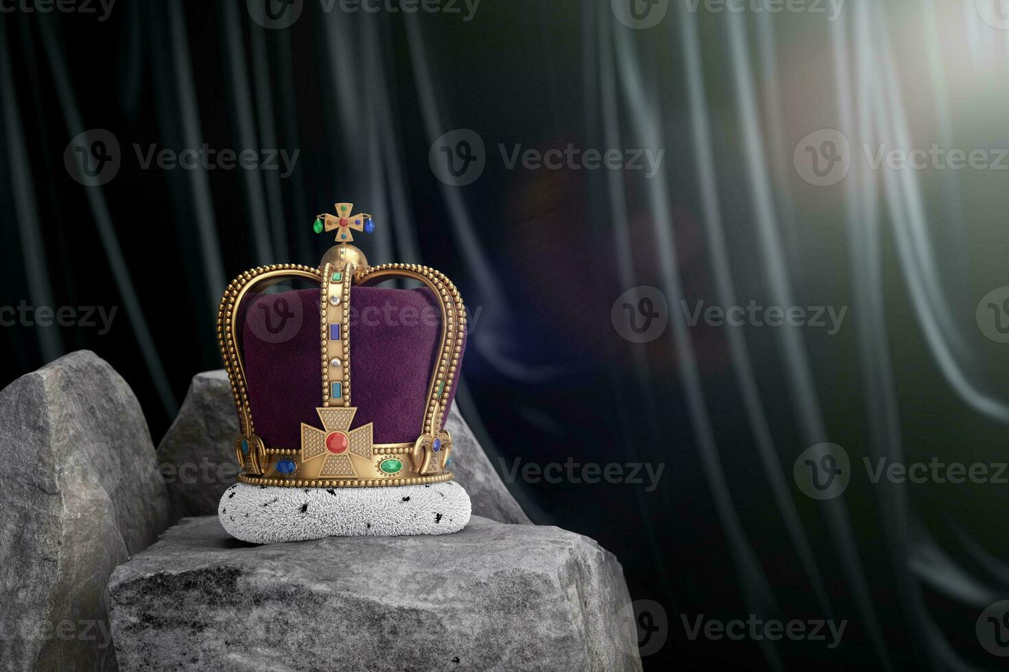 The Royal Coronation Golden Crown with Diamonds over Stones. 3d Rendering photo
