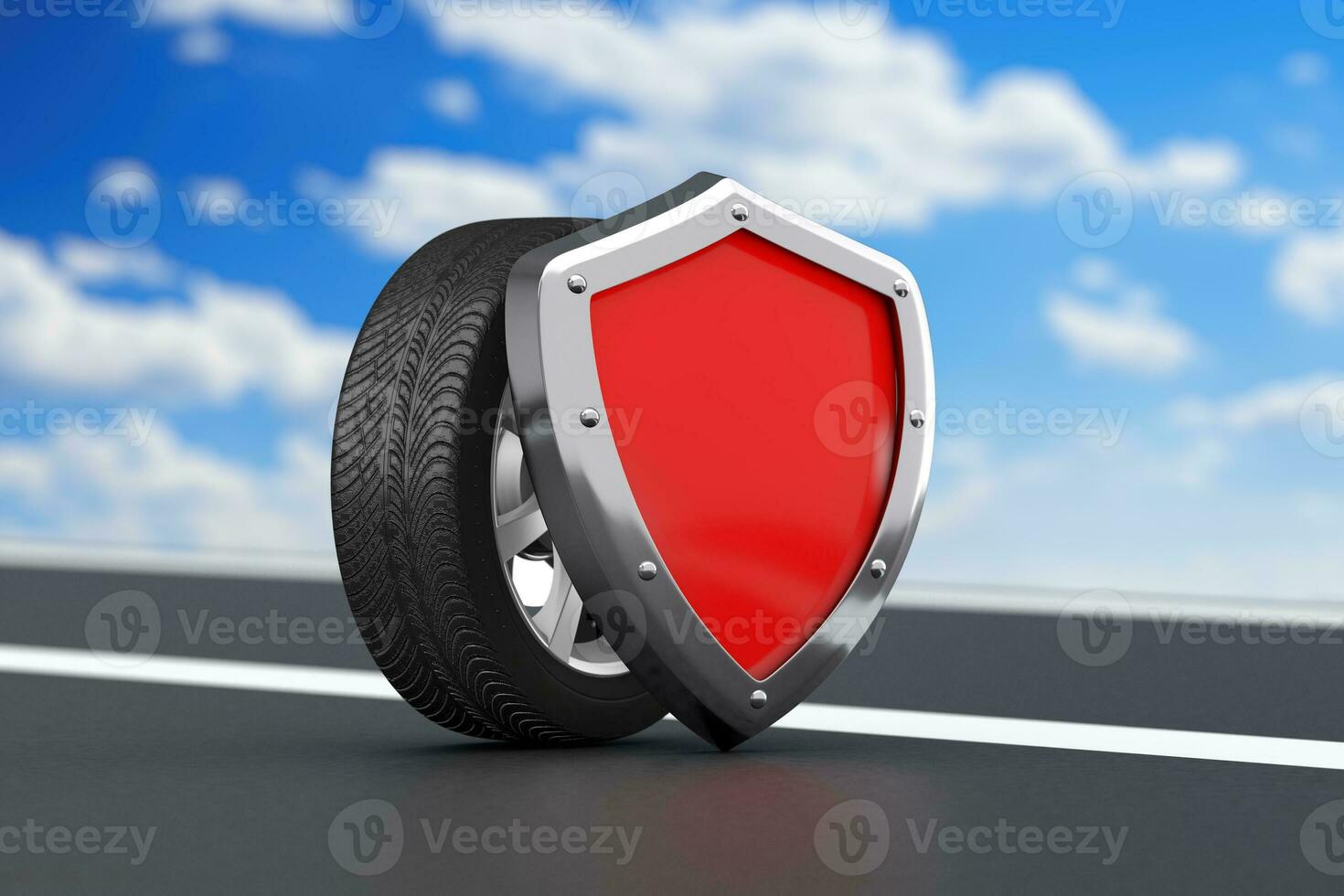 Steel Rim Wheel Tyre with Red Metal Protection Shield. 3d Rendering photo