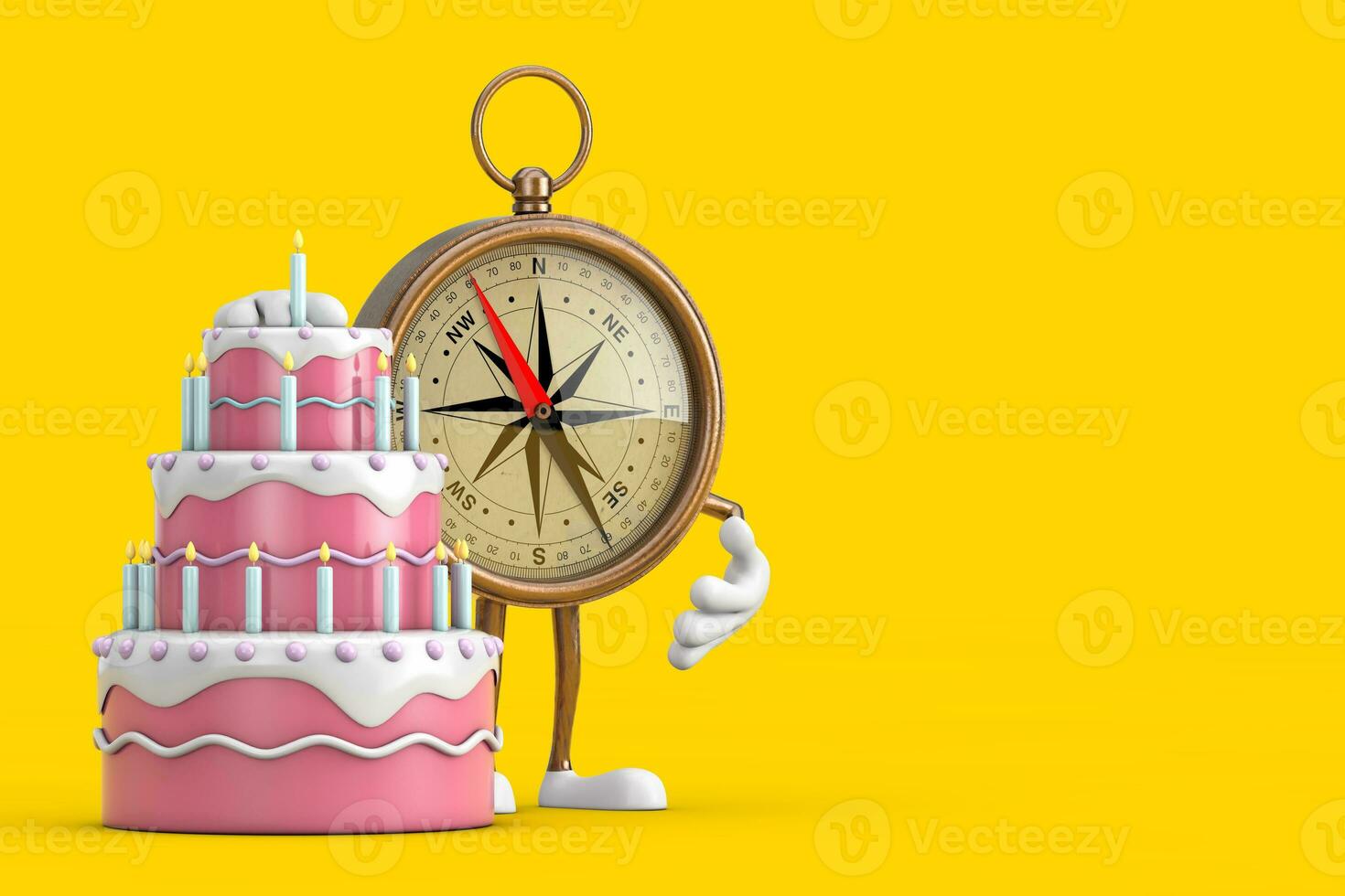 Antique Vintage Brass Compass Cartoon Person Character Mascot with Birthday Cartoon Dessert Tiered Cake and Candles. 3d Rendering photo
