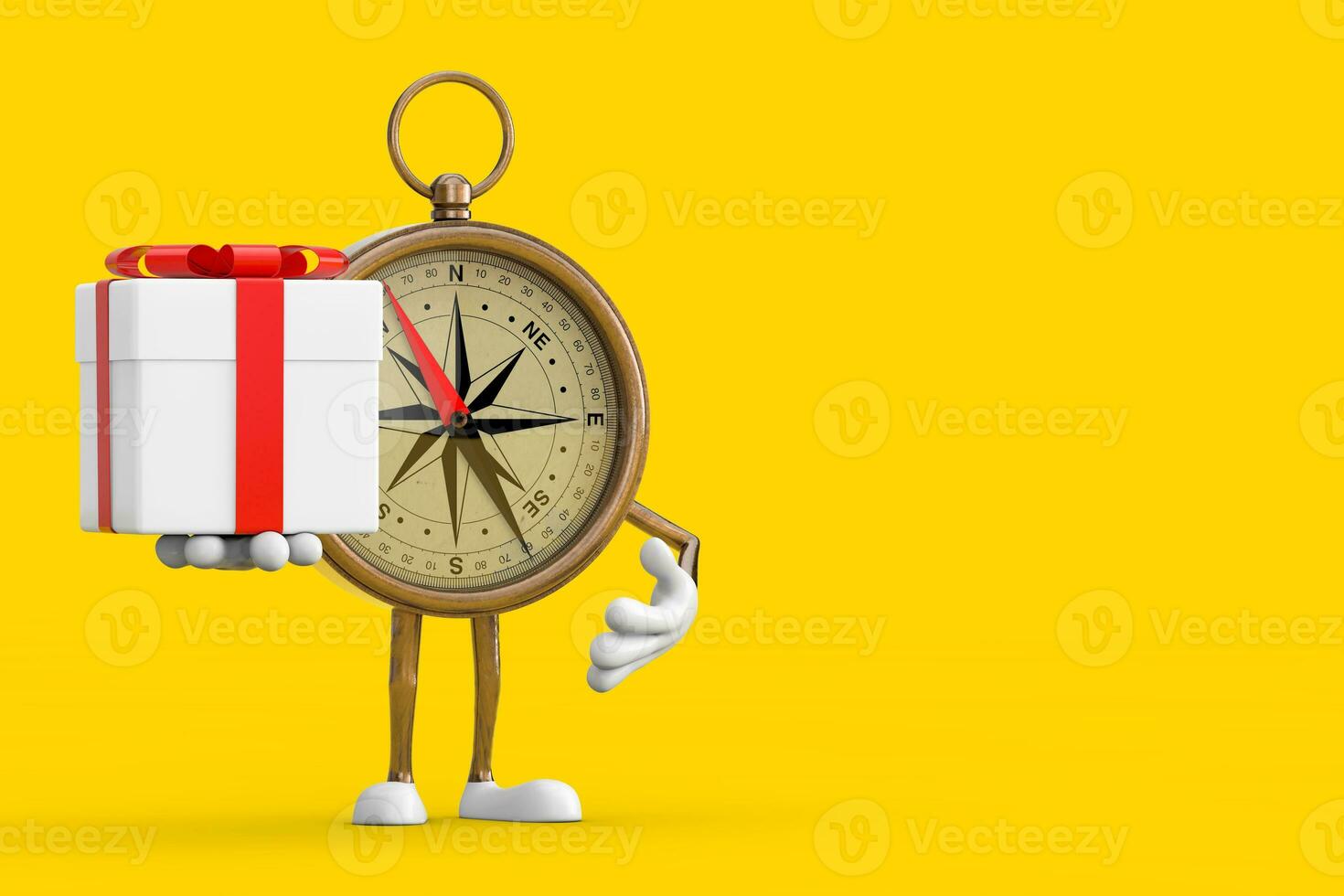 Antique Vintage Brass Compass Cartoon Person Character Mascot and Gift Box with Red Ribbon. 3d Rendering photo