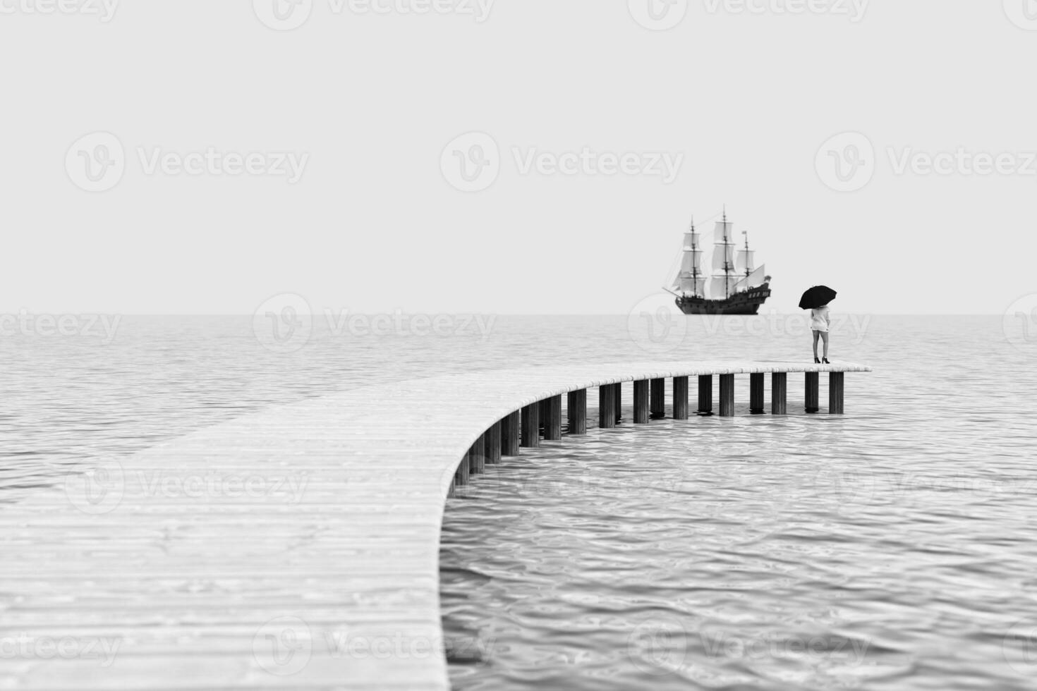 melancolía concepto. mujer en pie con paraguas en un de madera mar puente mirando a un navegación barco. 3d representación foto