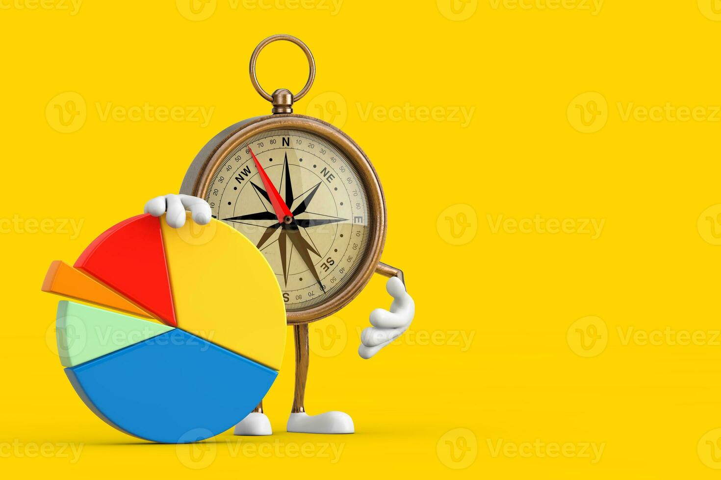 Antique Vintage Brass Compass Cartoon Person Character Mascot with Info Graphics Business Pie Chart. 3d Rendering photo