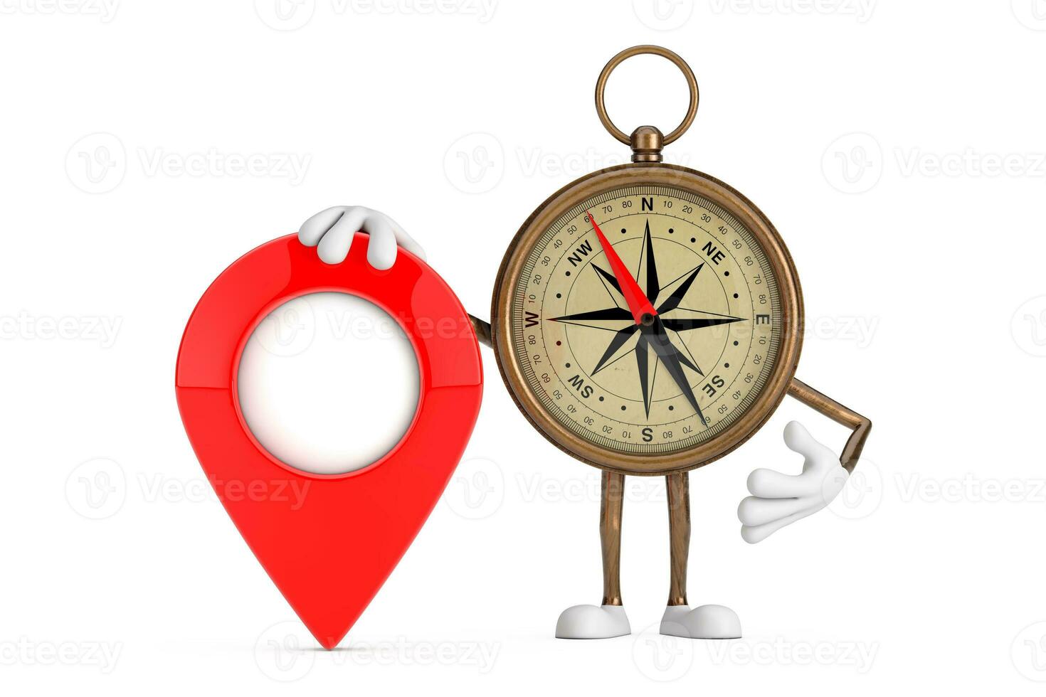 Antique Vintage Brass Compass Cartoon Person Character Mascot with Red Target Map Pointer Pin. 3d Rendering photo