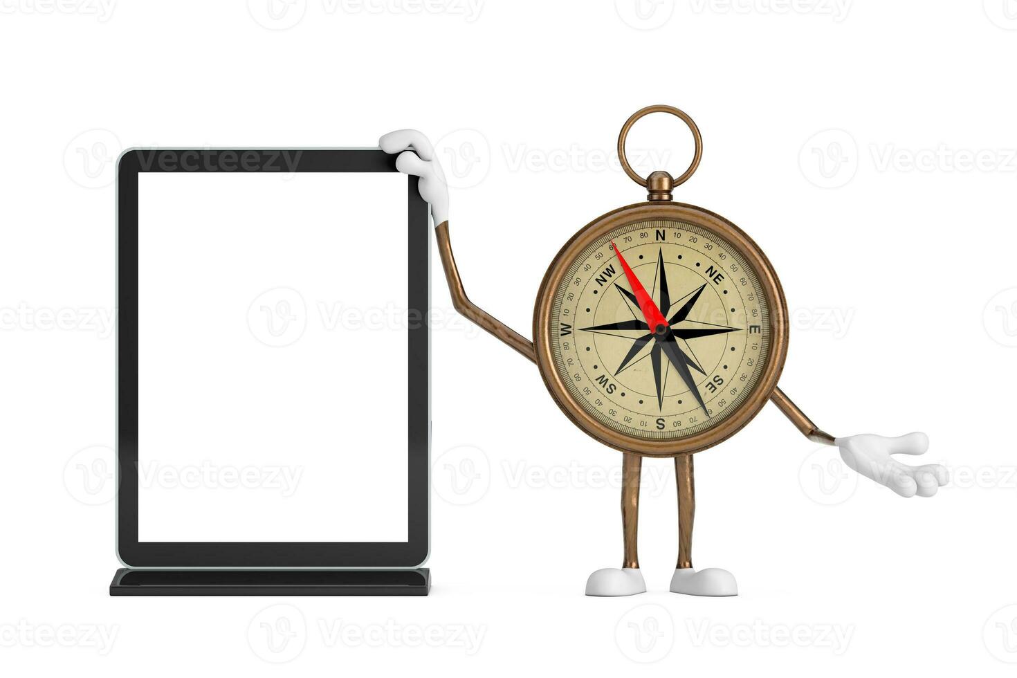 Antique Vintage Brass Compass Cartoon Person Character Mascot with Blank Trade Show LCD Screen Display Stand as Template for Your Design. 3d Rendering photo