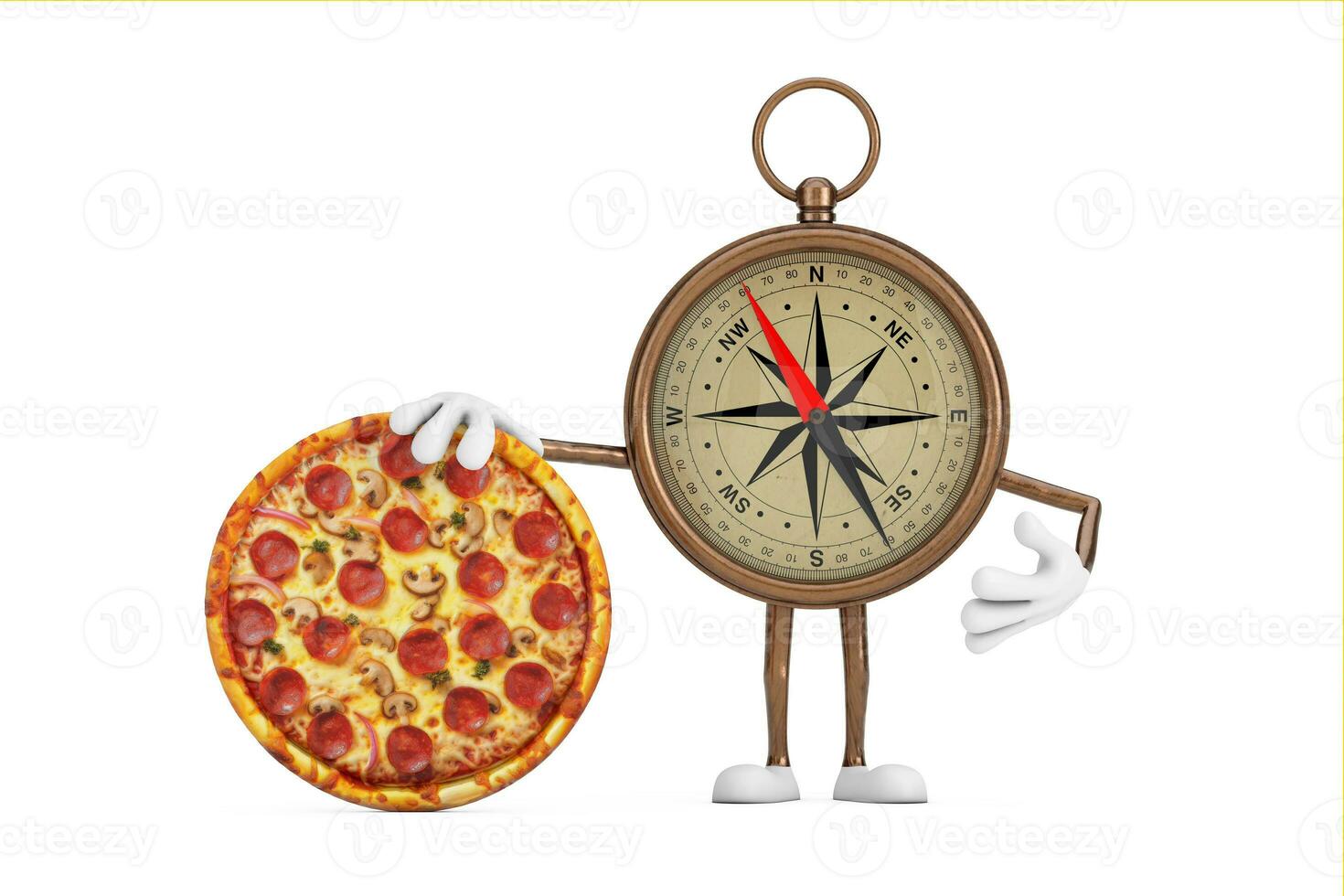 Antique Vintage Brass Compass Cartoon Person Character Mascot with Tasty Pepperoni Pizza. 3d Rendering photo
