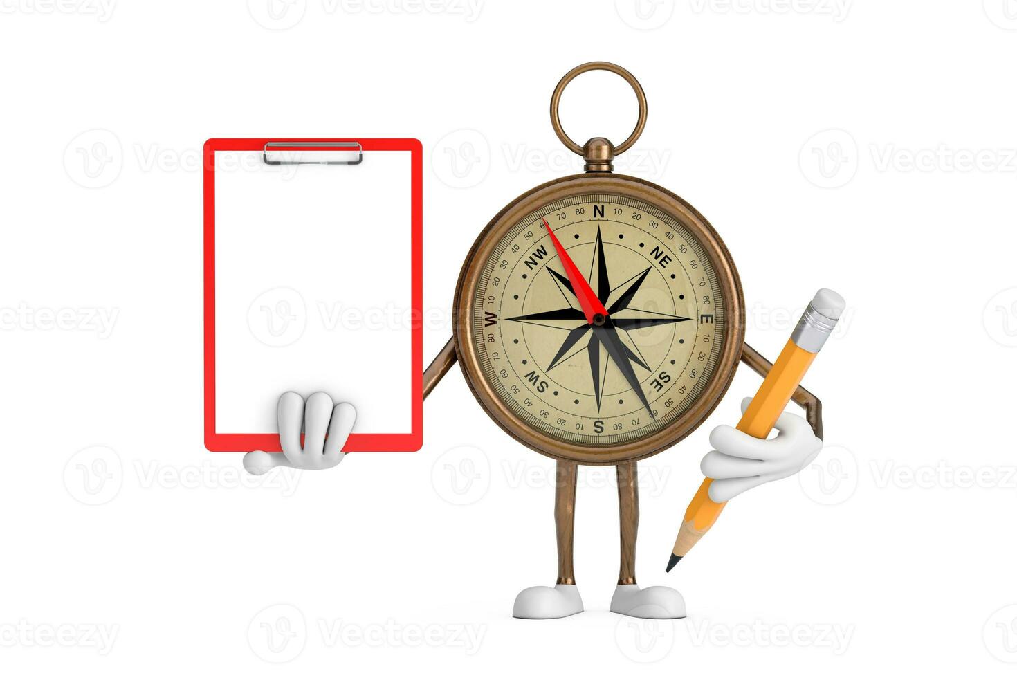 Antique Vintage Brass Compass Cartoon Person Character Mascot with Red Plastic Clipboard, Paper and Pencil. 3d Rendering photo