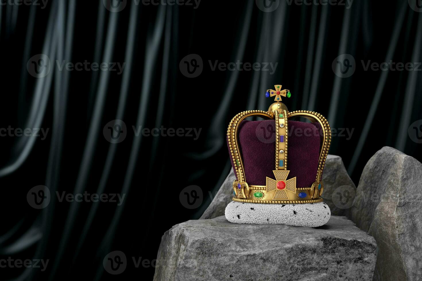 The Royal Coronation Golden Crown with Diamonds over Stones. 3d Rendering photo