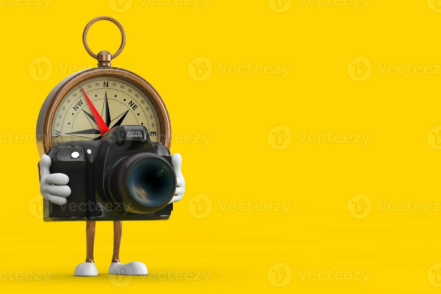 Antique Vintage Brass Compass Cartoon Person Character Mascot with Modern Digital Photo Camera. 3d Rendering