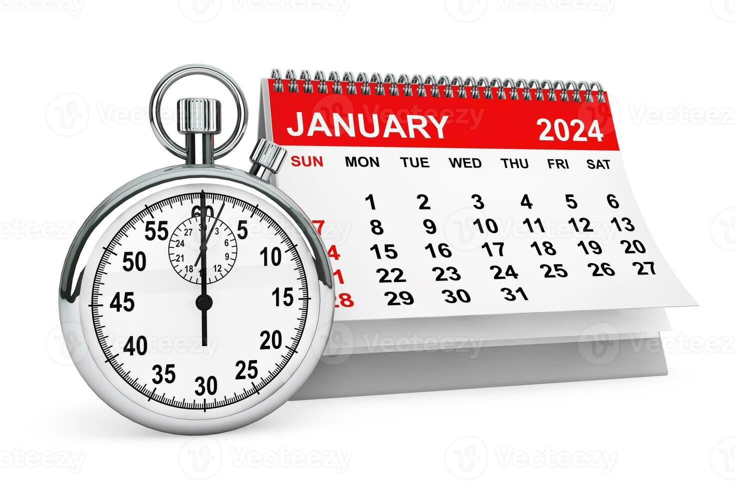 2024 Year January Calendar with Stopwatch. 3d rendering photo