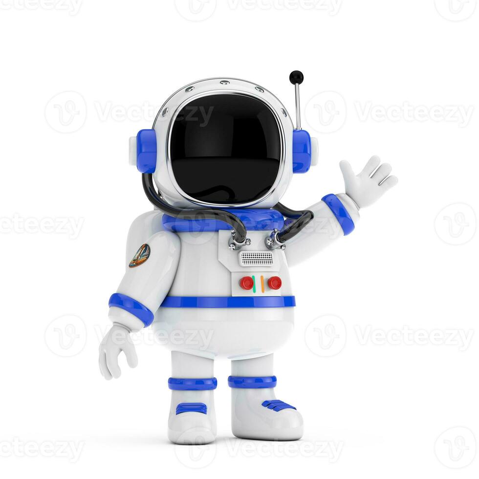 linda dibujos animados mascota astronauta personaje persona ondulación mano. 3d representación foto