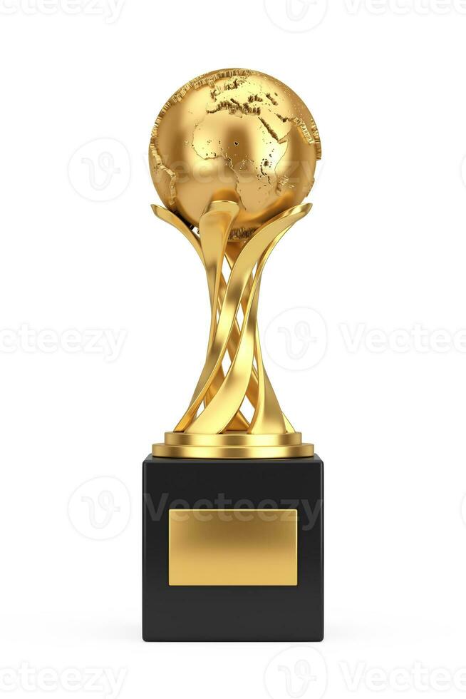 Golden Award Trophy with Golden Earth Globe. 3d Rendering photo