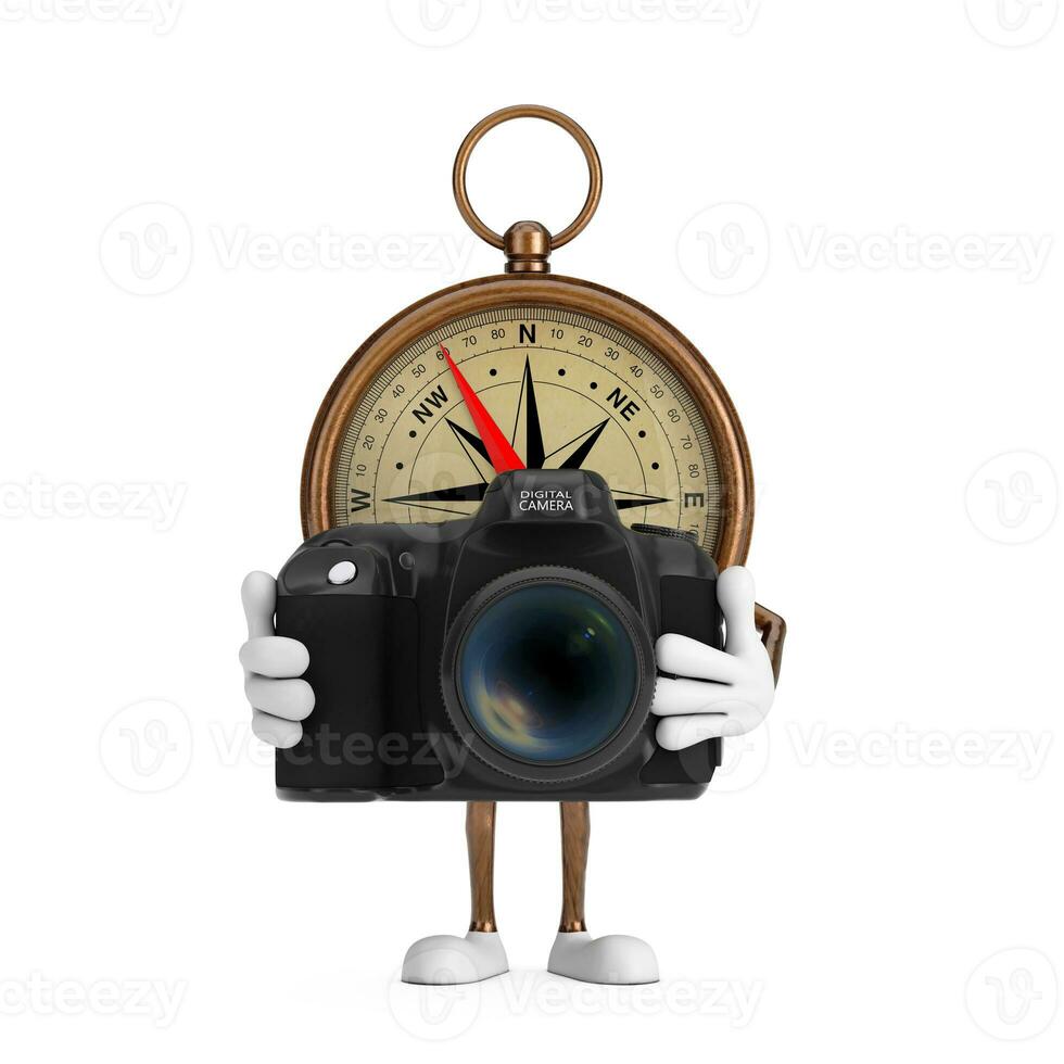 Antique Vintage Brass Compass Cartoon Person Character Mascot with Modern Digital Photo Camera. 3d Rendering