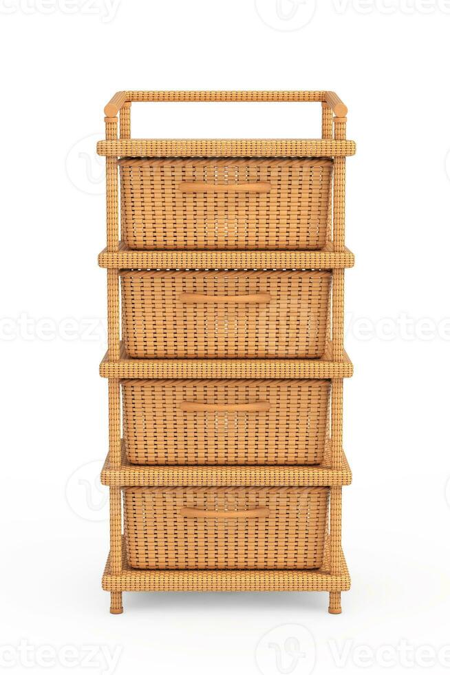 almacenamiento torre con mimbre tejido canastas 3d representación foto