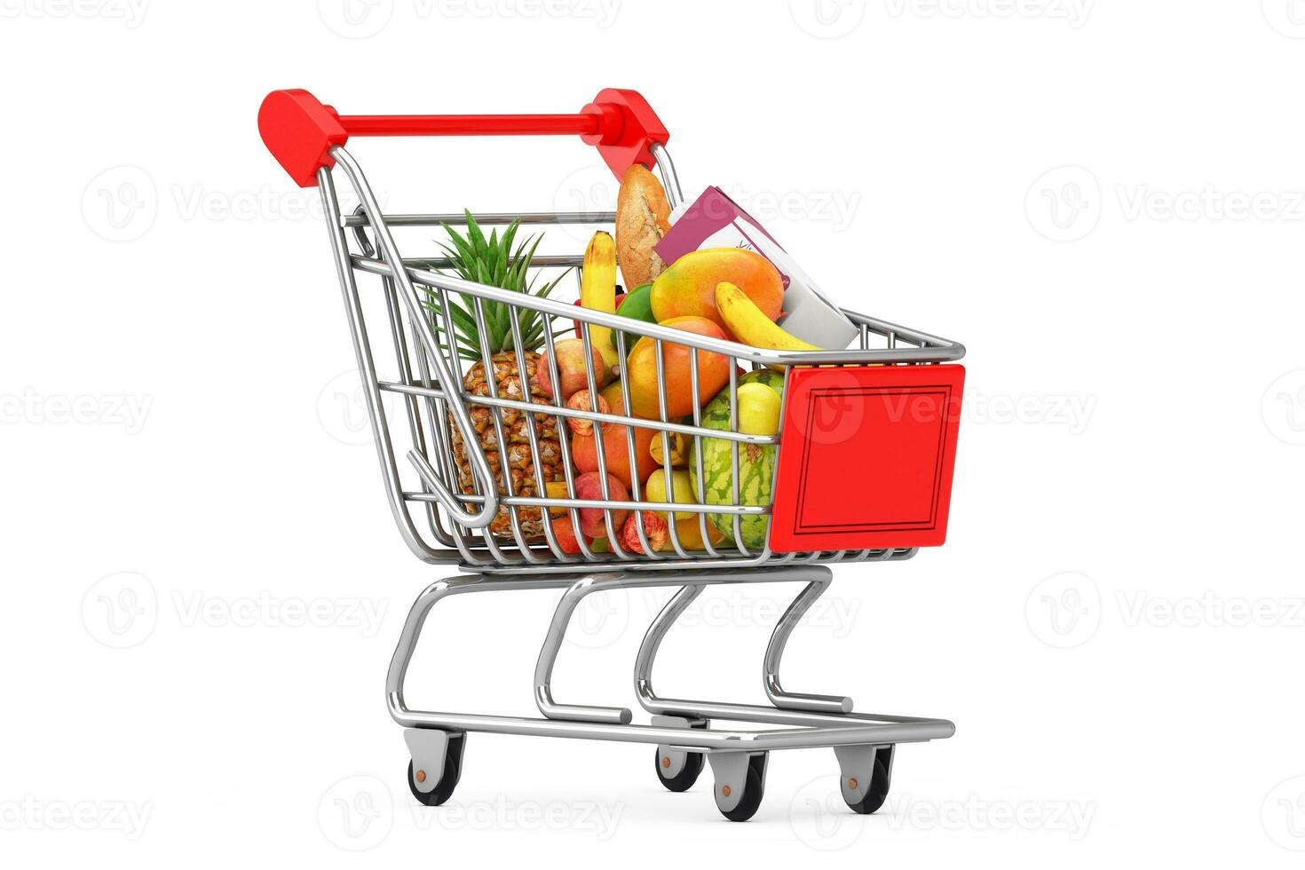 Shopping Cart Trolley Full of Groceries. 3d Rendering photo