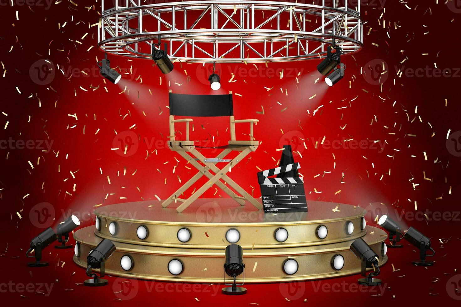 Director Chair, Movie Clapper and Megaphone on a Golden Product Presentation Podium Stage with Spotlights. 3d Rendering photo