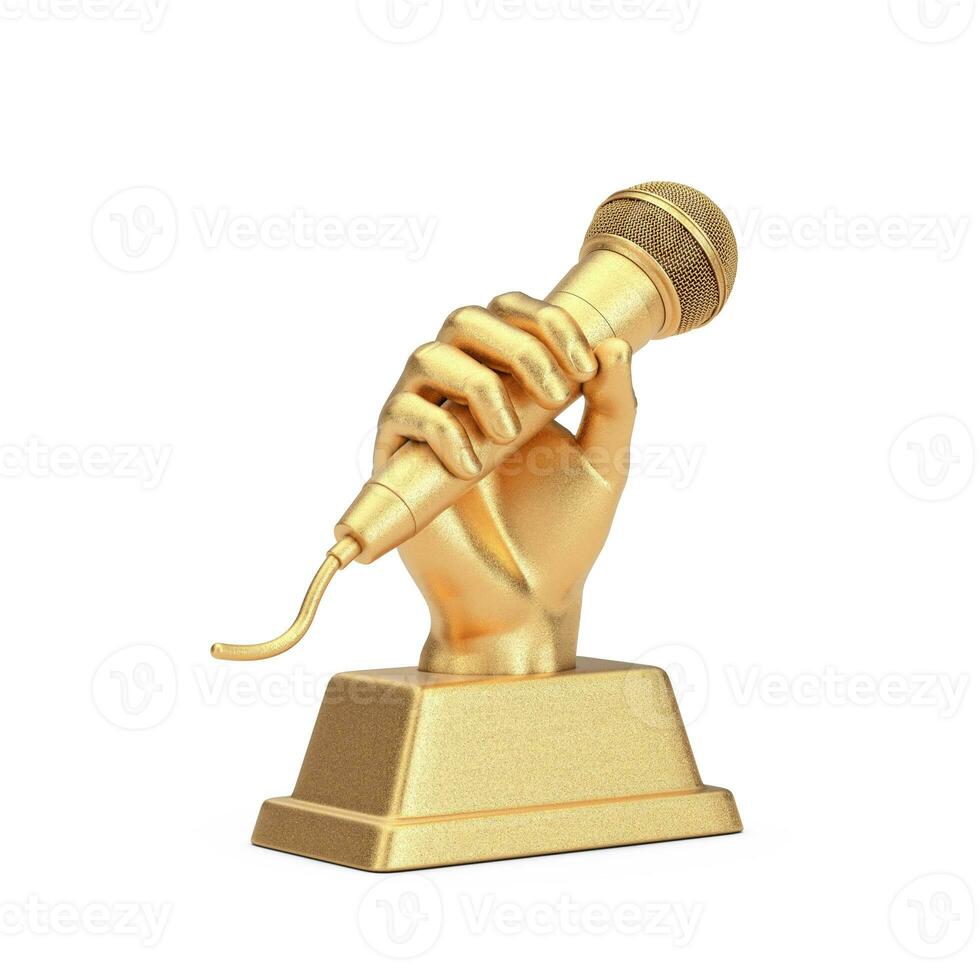 Golden Music Award Trophy in Shape of Hand with Microphone. 3d Rendering photo