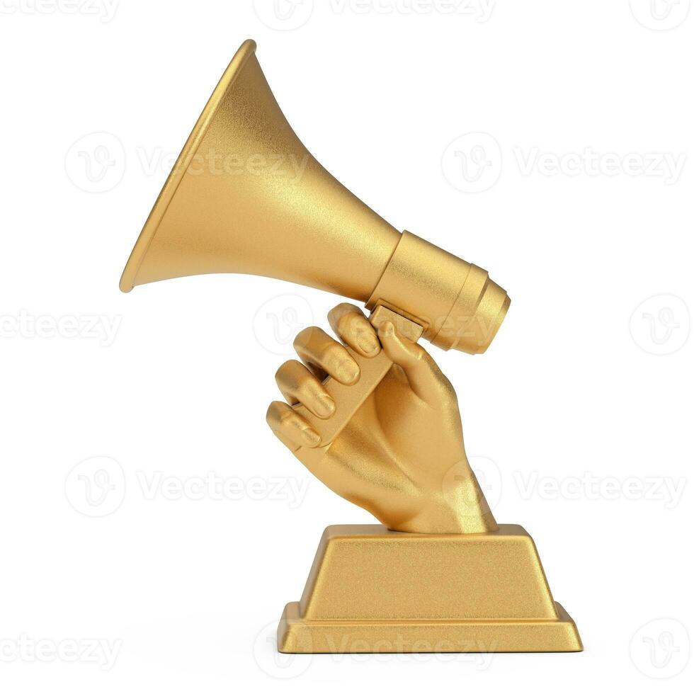 dorado negocio premio trofeo en forma de mano con megáfono. 3d representación foto