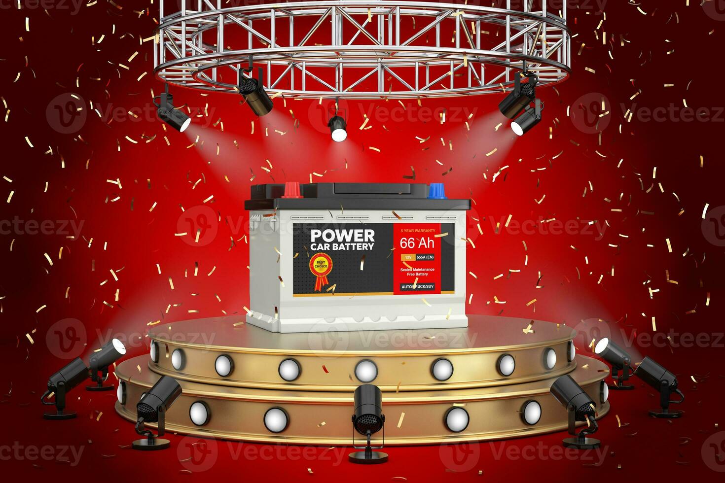 Rechargeable Car Battery 12V Accumulator with Abstract Label on a Golden Product Presentation Podium Stage with Spotlights. 3d Rendering photo