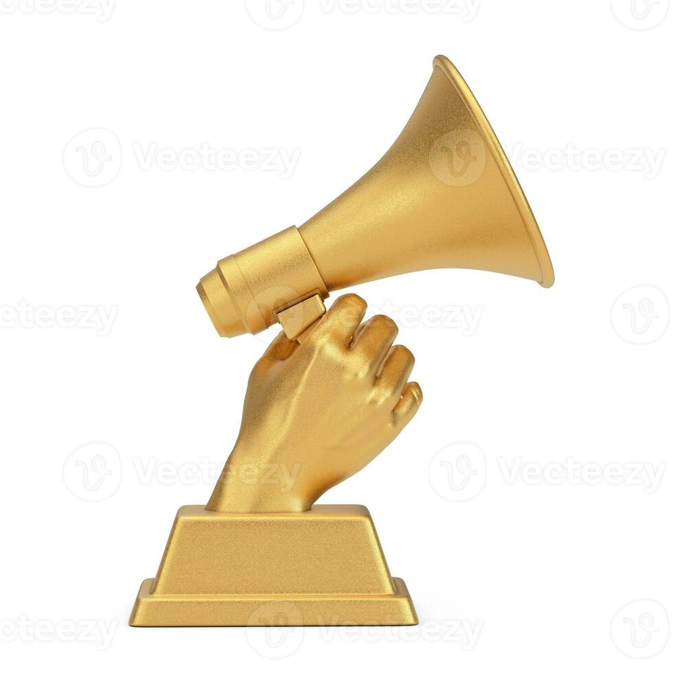 Golden Business Award Trophy in Shape of Hand with Megaphone. 3d Rendering photo