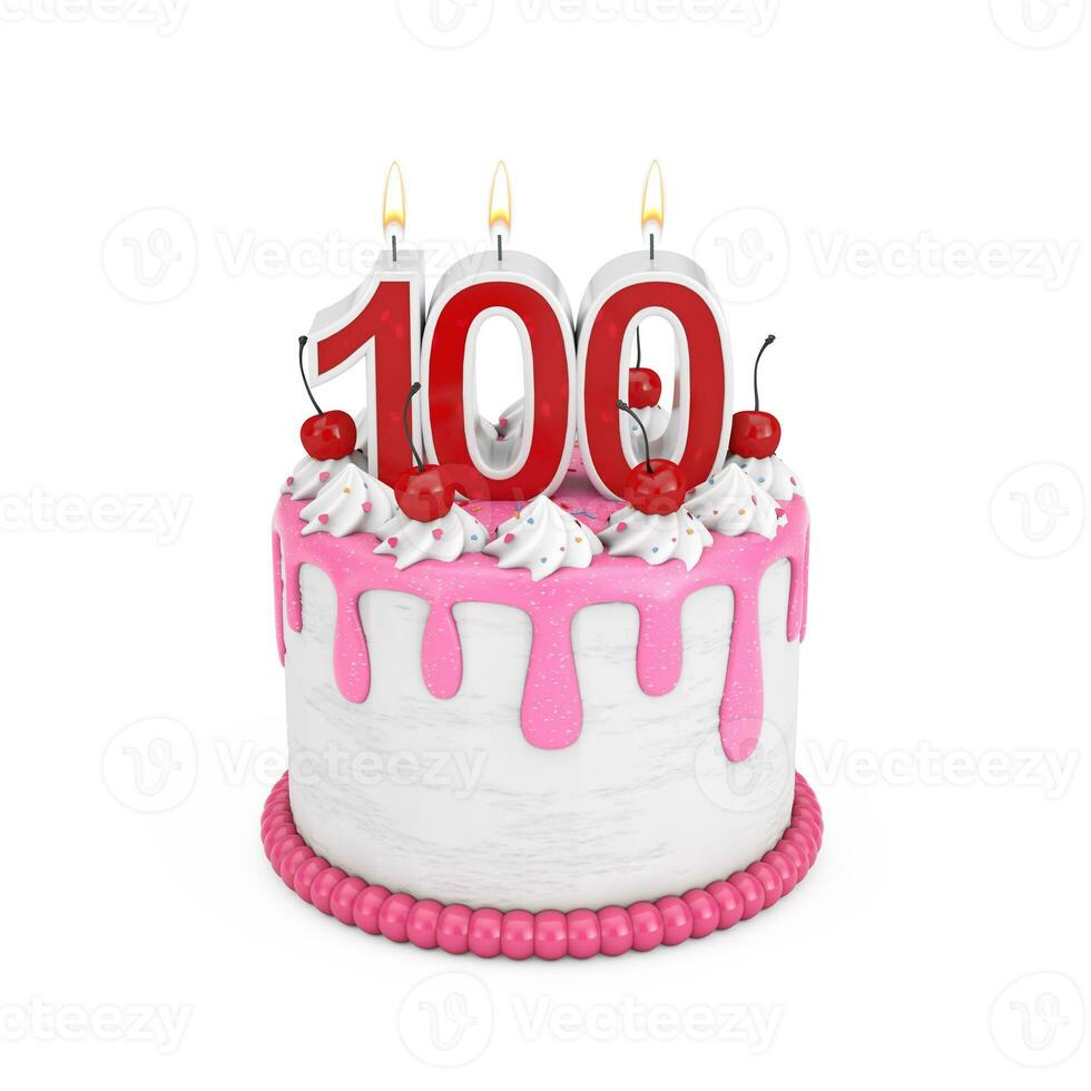 100 Year Birthday Concept. Abstract Birthday Cartoon Dessert Cherry Cake with One Hundred Year Anniversary Candle. 3d Rendering photo