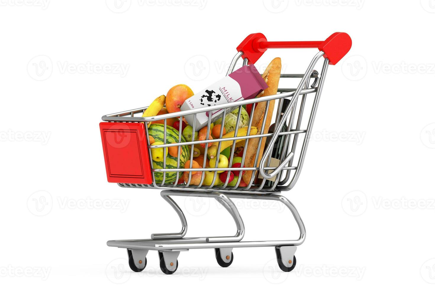 Shopping Cart Trolley Full of Groceries. 3d Rendering photo