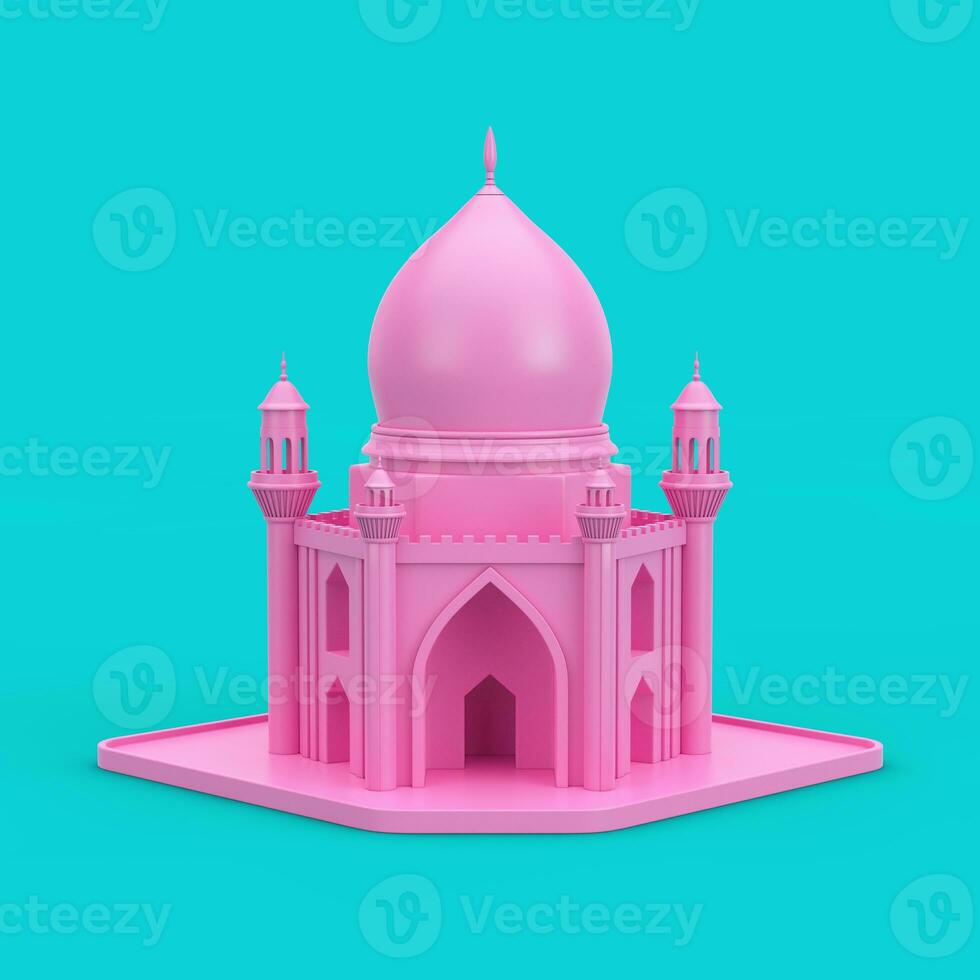 rosado islámico mezquita y alminar edificio modelo icono en duotono estilo. 3d representación foto