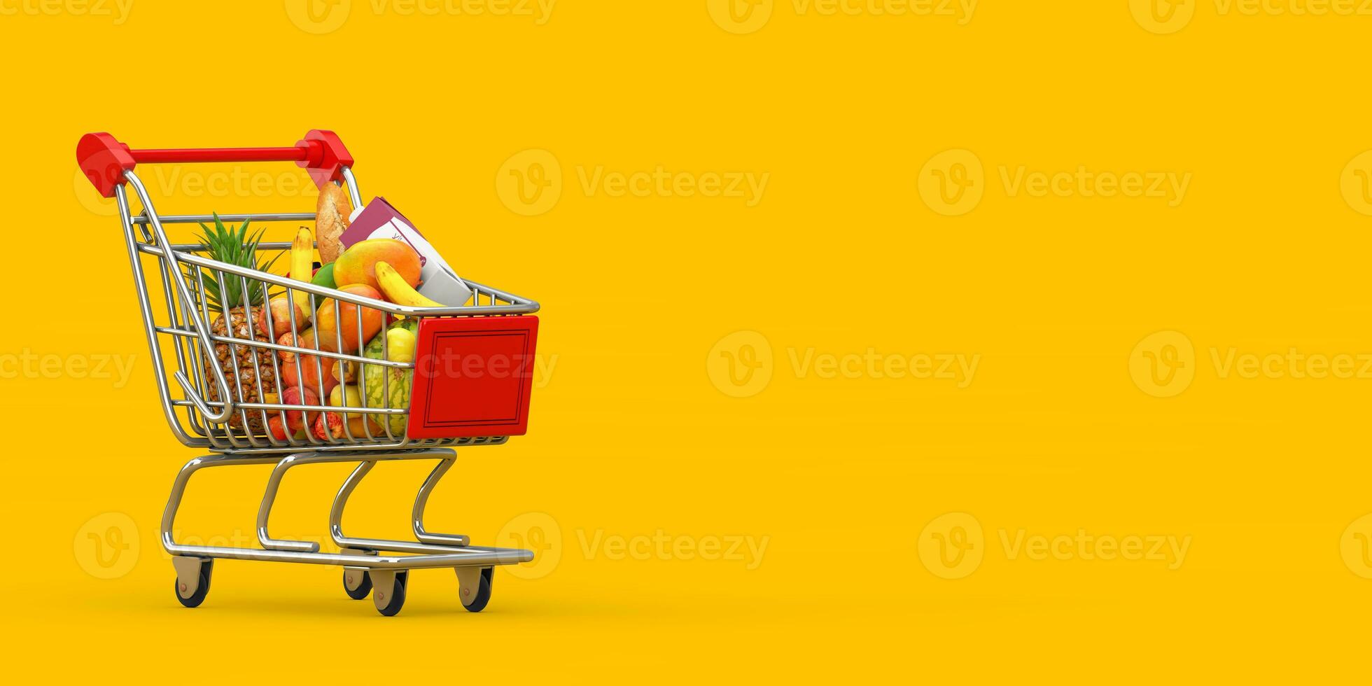 Shopping Cart Trolley Full of Groceries. 3d Rendering photo