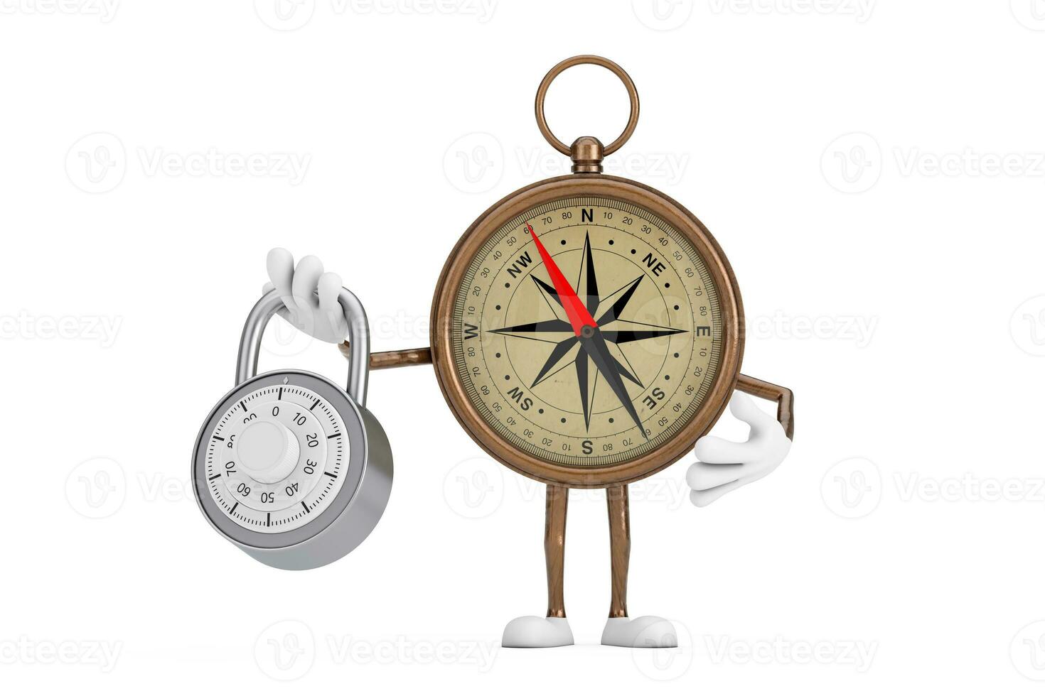Antique Vintage Brass Compass Cartoon Person Character Mascot with Silver Combination Padlock. 3d Rendering photo