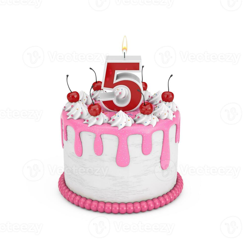 5 Year Birthday Concept. Abstract Birthday Cartoon Dessert Cherry Cake with Five Year Anniversary Candle. 3d Rendering photo