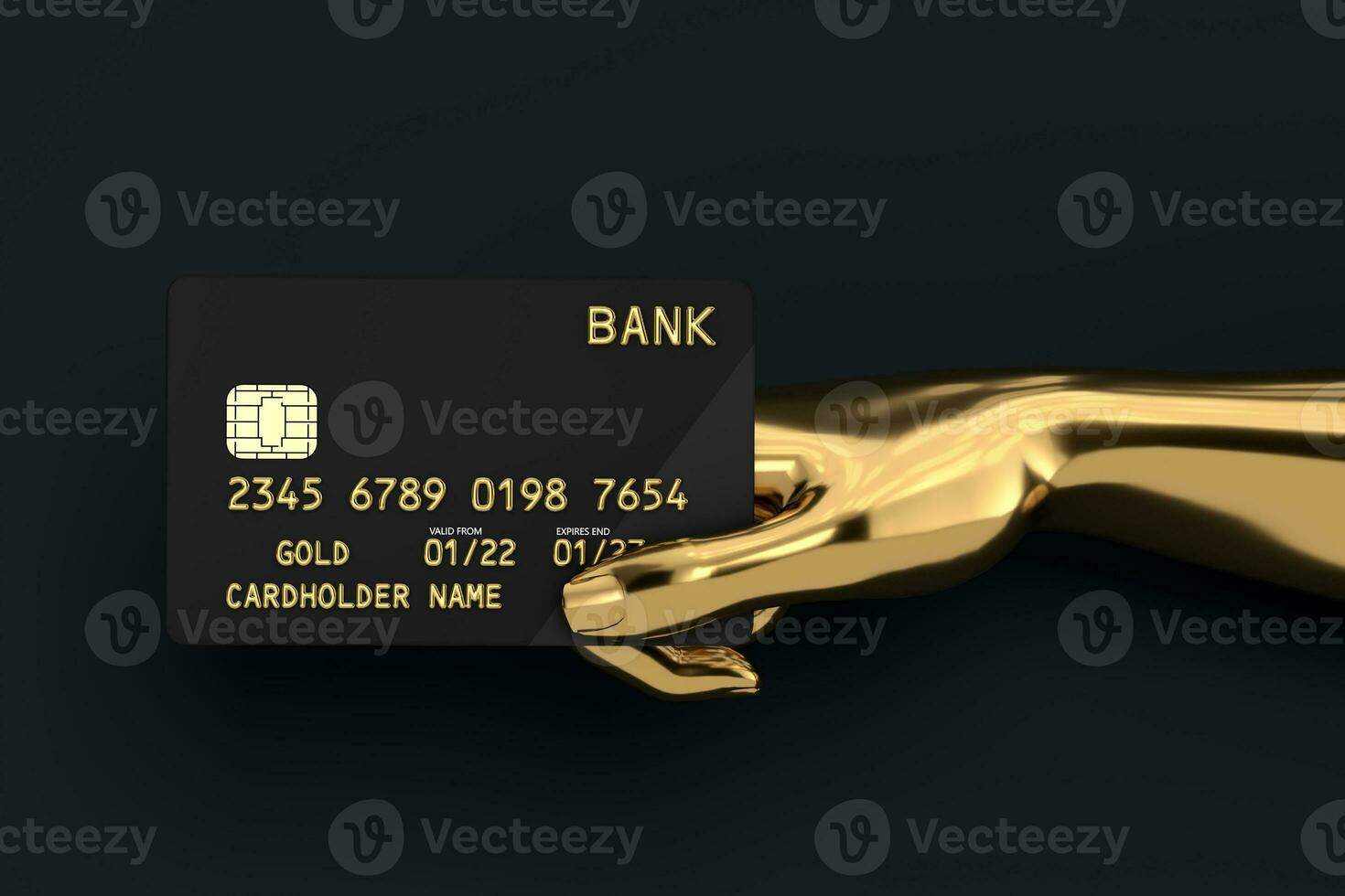 Black Plastic Golden Credit Card with Chip in Gold Abstract Hand. 3d Rendering photo