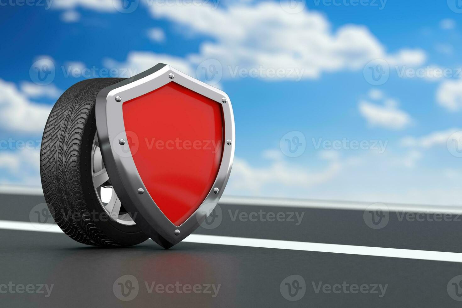 Steel Rim Wheel Tyre with Red Metal Protection Shield. 3d Rendering photo