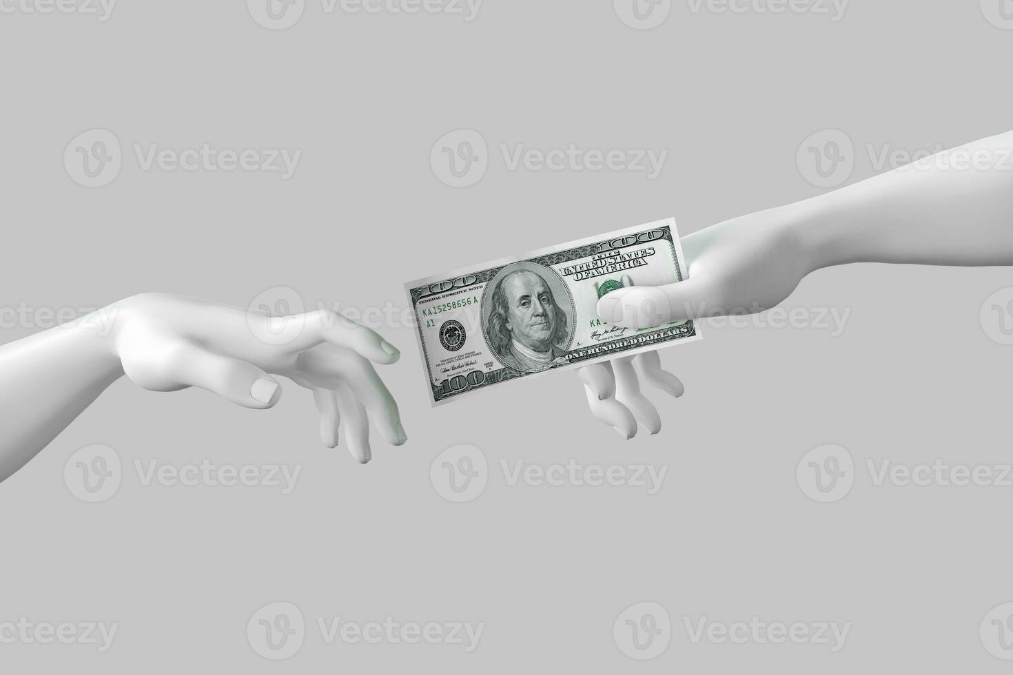 Hand to Hand. Abstract Imitation of Michelangelo's the Creation of Adam. The Hand of God Gives the Hand of Adam One Hundred Dollars Bill. 3d Rendering photo