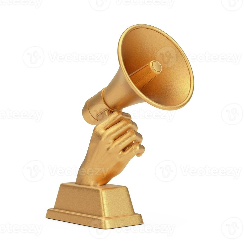 Golden Business Award Trophy in Shape of Hand with Megaphone. 3d Rendering photo