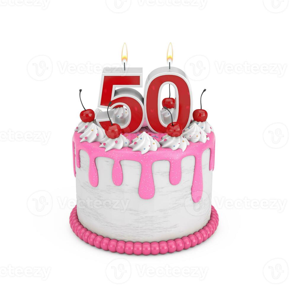 50 Year Birthday Concept. Abstract Birthday Cartoon Dessert Cherry Cake with Fifty Year Anniversary Candle. 3d Rendering photo