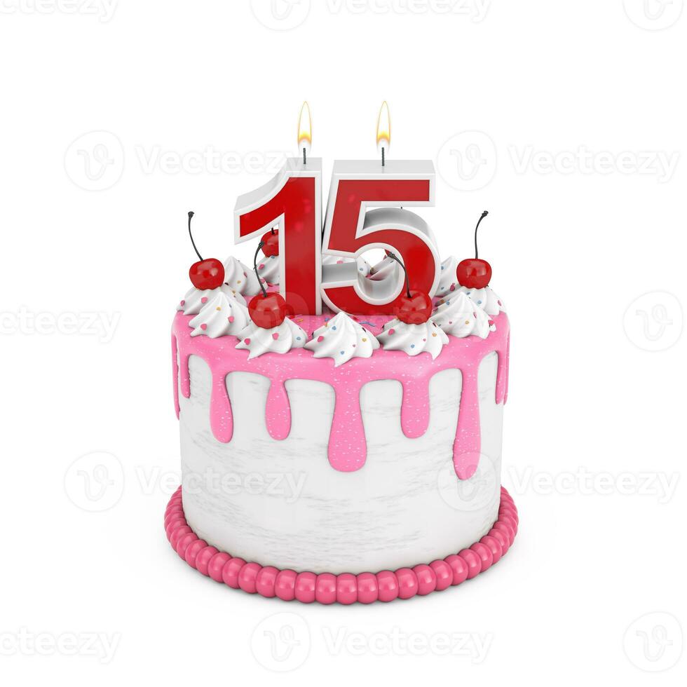 15 Year Birthday Concept. Abstract Birthday Cartoon Dessert Cherry Cake with Fifteen Year Anniversary Candle. 3d Rendering photo