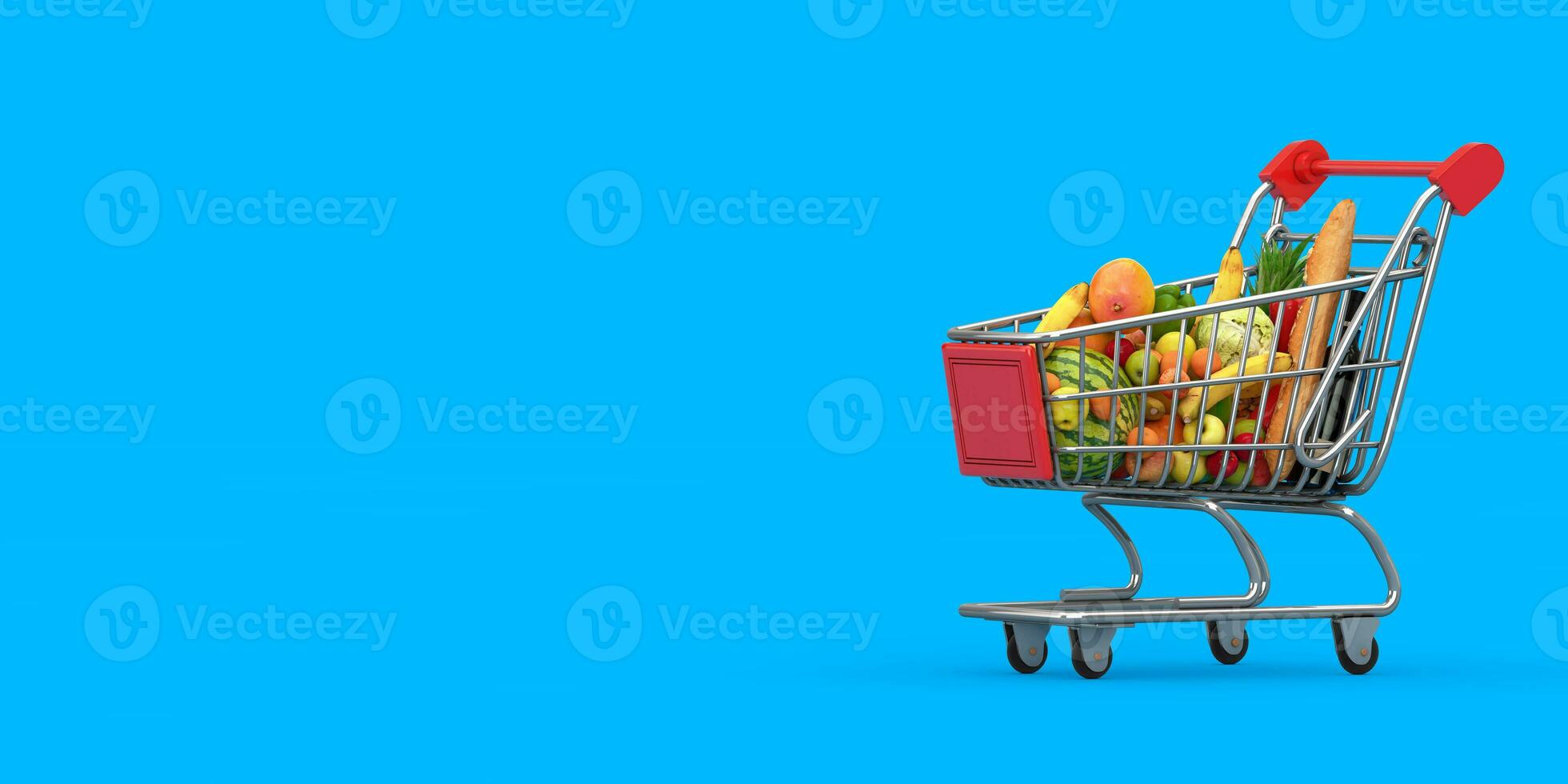 Shopping Cart Trolley Full of Groceries. 3d Rendering photo