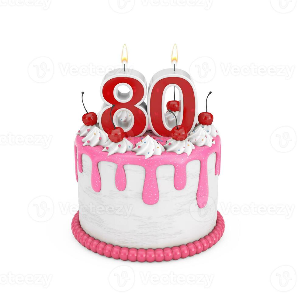 80 Year Birthday Concept. Abstract Birthday Cartoon Dessert Cherry Cake with Eighty Year Anniversary Candle. 3d Rendering photo