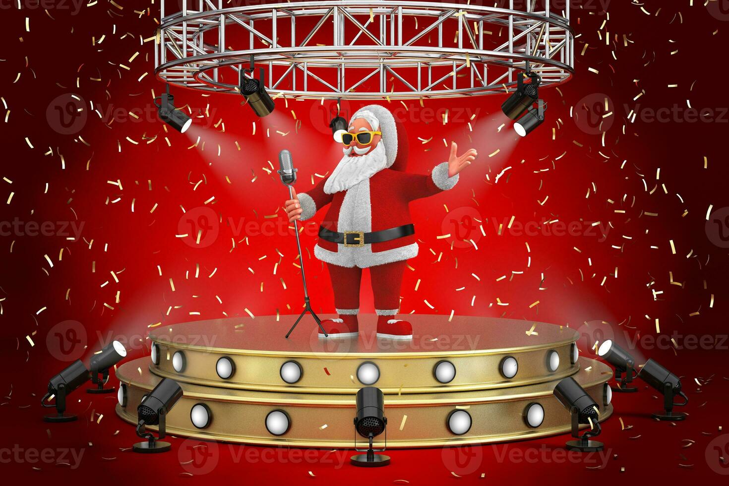 Cartoon Cheerful Santa Claus Granpa Singing into Retro Microphone on a Golden Product Presentation Podium Stage with Spotlights. 3d Rendering photo