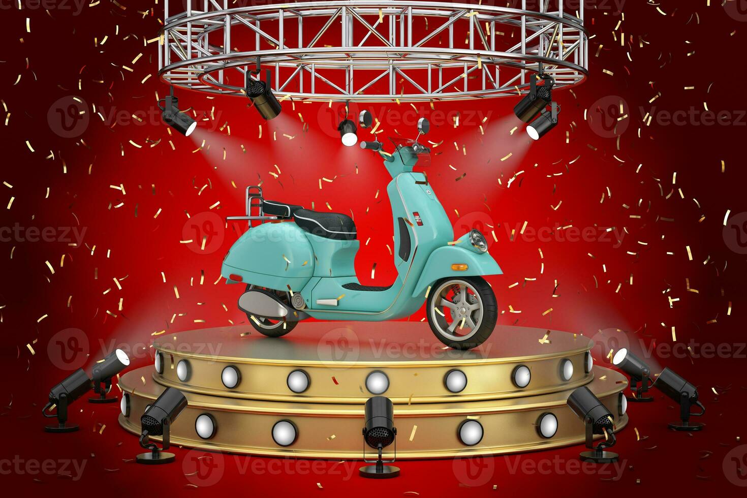 Black Modern Eco Electric Kick Scooter on a Golden Product Presentation Podium Stage with Spotlights. 3d Rendering photo