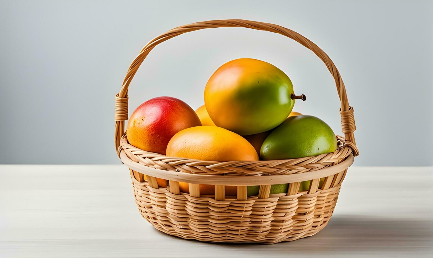 AI generated A wicker basket full of fresh mango fruits photo