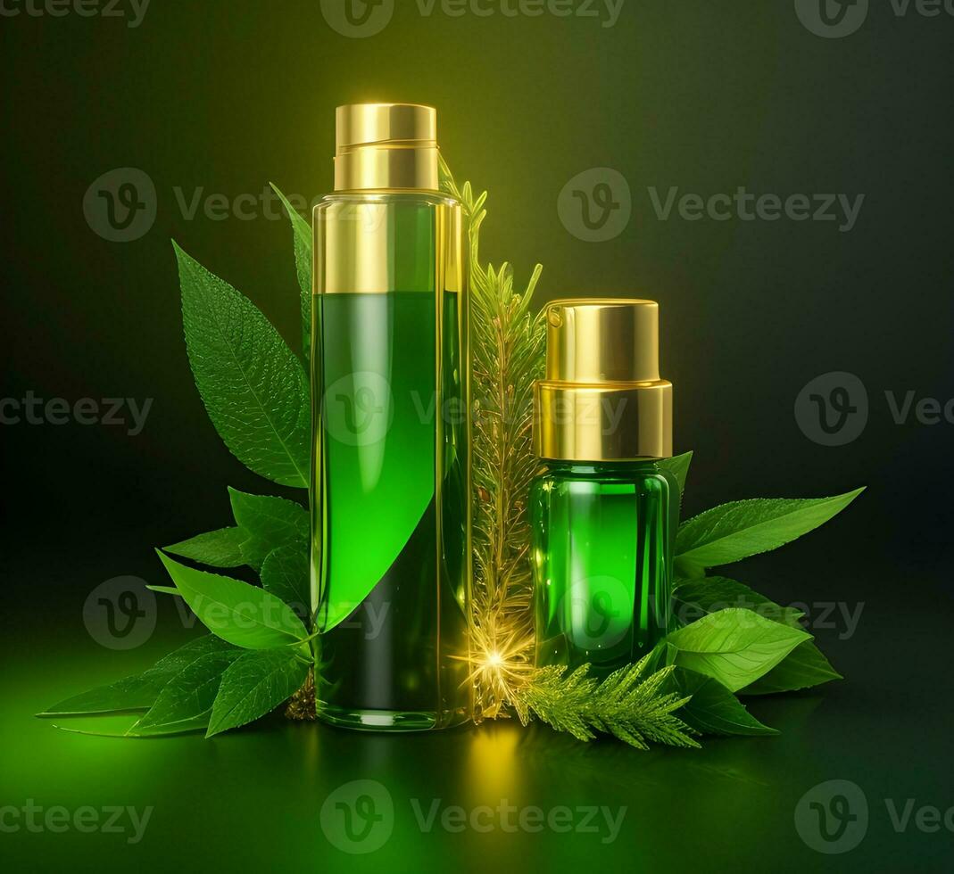 AI generated Herbal oil serum, glass bottle. photo