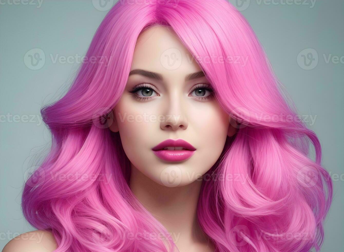 AI generated An emotional woman wearing a pink wig with pink lip makeup. photo