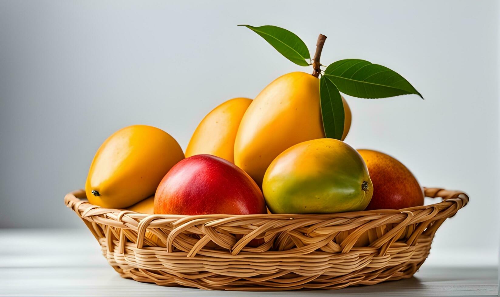 AI generated A wicker basket full of fresh mango fruits photo