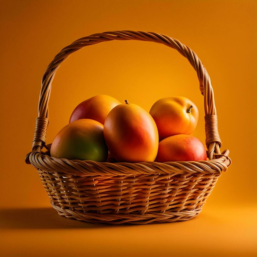AI generated A wicker basket full of fresh mango fruits photo